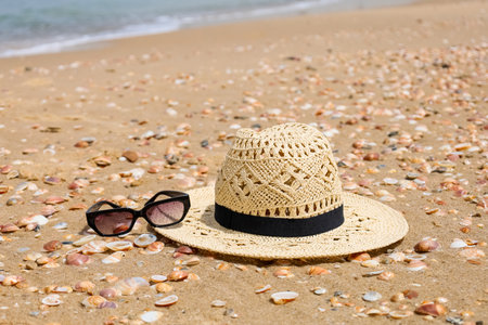 Stylish hat with sunglasses and seashells on sand