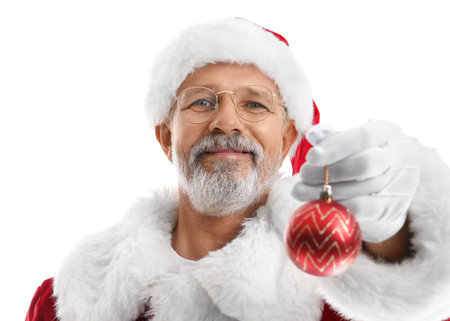 Santa Claus holding Christmas ball on white backgroundの写真素材