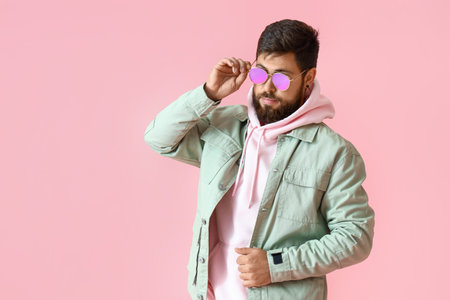 Handsome man in stylish sunglasses and jacket on pink backgroundの写真素材