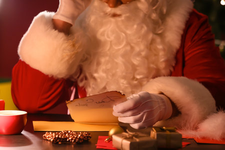 Santa Claus reading letter at table on Christmas eveの写真素材