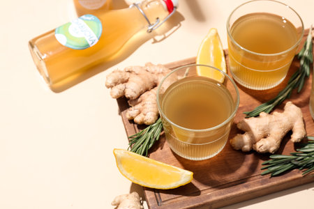 Glasses of fresh kombucha with lemon, ginger and rosemary on color backgroundの写真素材