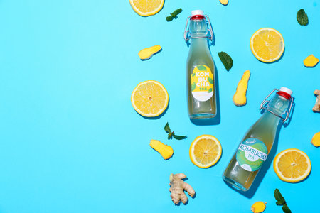 Bottles of tasty kombucha with lemon, ginger and mint on color backgroundの写真素材