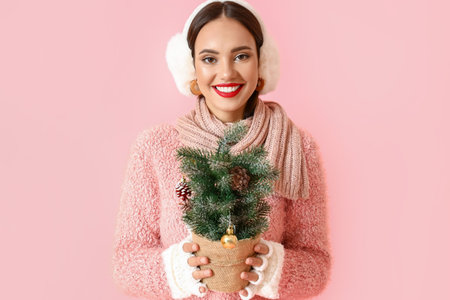 Beautiful woman with small Christmas tree on pink backgroundの写真素材