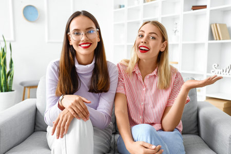 Beautiful young women sitting on sofa at home