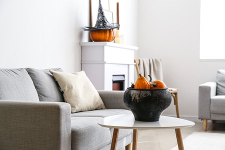 Stylish interior of room decorated for Halloween celebrationの写真素材
