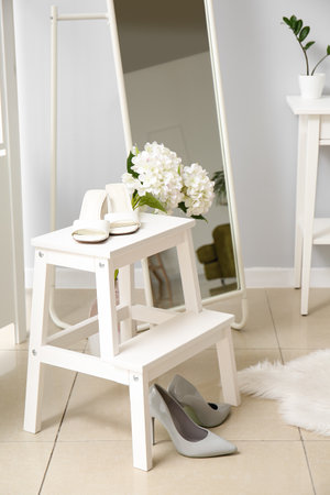 Step ladder with stylish shoes and beautiful flowers in the room