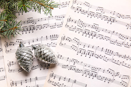 Christmas decor and fir branches on note sheetsの写真素材