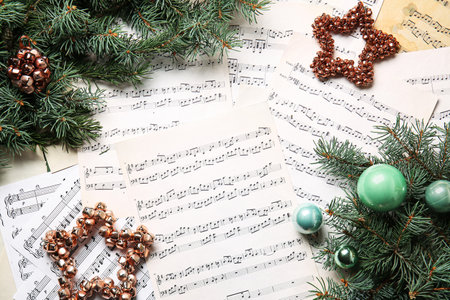Christmas decor with fir branches on note sheetsの写真素材