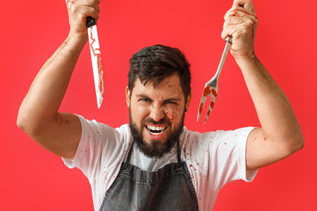 Man dressed as butcher for Halloween on color background