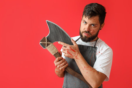 Man dressed as butcher for Halloween on color background