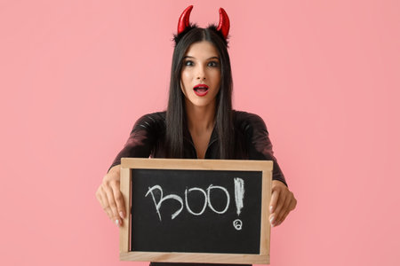 Beautiful young woman in Halloween costume and with chalkboard on color background