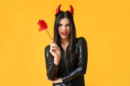 Beautiful young woman in Halloween costume on color backgroundの写真素材