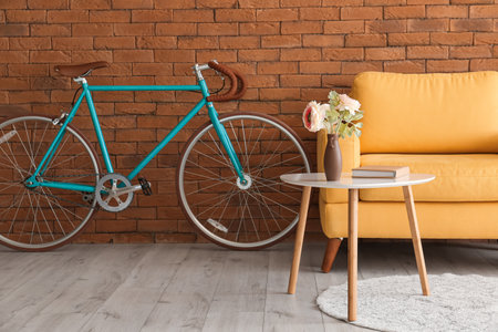 Stylish interior with bicycle in roomの写真素材