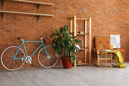 Stylish interior with bicycle in roomの写真素材