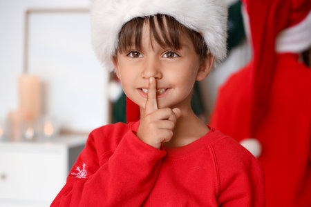 Cute little boy showing silence gesture at home on Christmas eveの写真素材