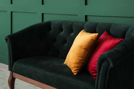 Modern interior with stylish couch near green wallの写真素材