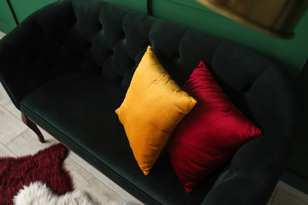 Closeup of stylish couch with pillows, top viewの写真素材