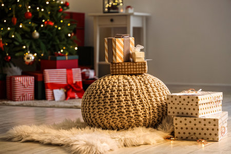 Beautiful gifts in the room on Christmas eveの写真素材