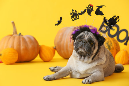 Cute pug dog with Halloween decor and pumpkins on color backgroundの写真素材