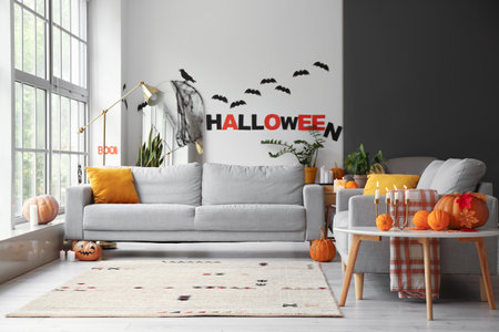 Stylish interior of room decorated for Halloween partyの写真素材