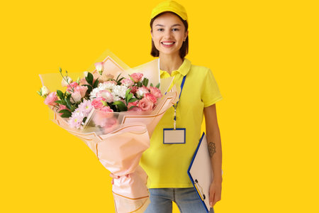Female courier with bouquet of flowers on color background