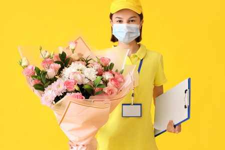 Female courier in medical mask and with bouquet of flowers on color backgroundの写真素材