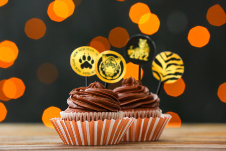 Tasty cupcakes for New Year 2022 celebration on table against blurred lightsの写真素材