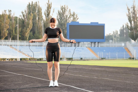 Sporty young woman training with skipping rope in the stadiumの写真素材