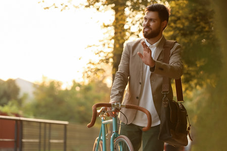 Young bearded businessman with bicycle waving hand on city streetの写真素材