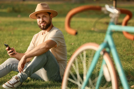 Handsome bearded man using mobile phone in parkの写真素材