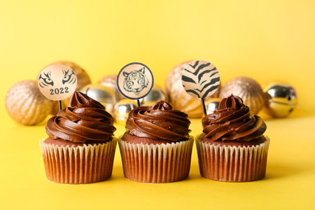 Tasty cupcakes for New Year 2022 celebration on color backgroundの写真素材