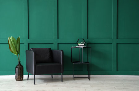 Vase with palm leaves, black armchair and table near green wallの写真素材