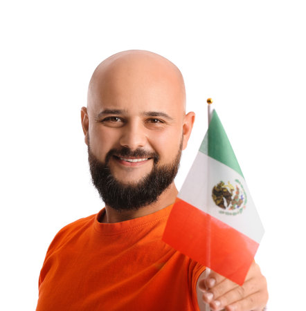 Handsome man with flag of Mexico on white backgroundの写真素材