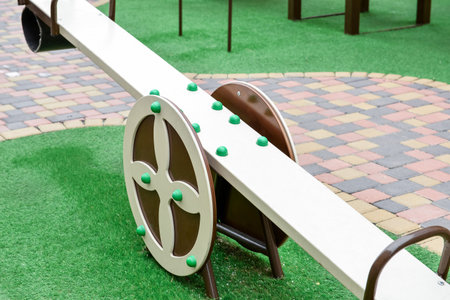 Close up view of modern seesaw on playgroundの写真素材