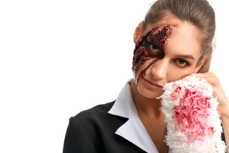 Woman dressed for Halloween as chambermaid with dust brush on white backgroundの写真素材