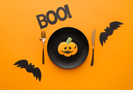 Halloween table setting with cookie and word BOO on orange backgroundの写真素材