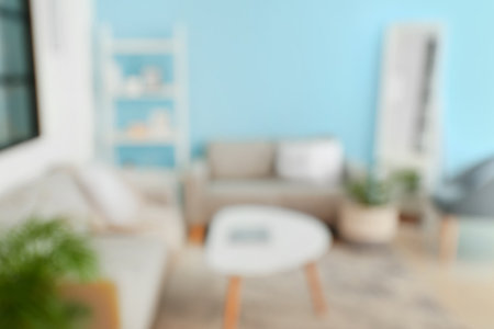 Interior of living room with comfortable sofas and mirror, blurred viewの写真素材