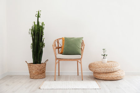 Wicker chair with pillows and big cactus near light wallの写真素材