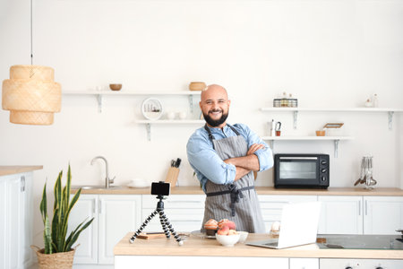 Male chef with tasty peach muffins in the kitchenの写真素材