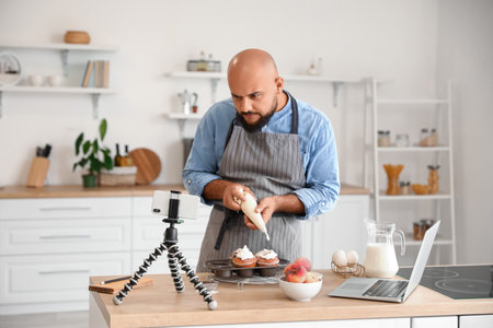 Handsome man decorating peach muffins with cream while following video tutorial in kitchen