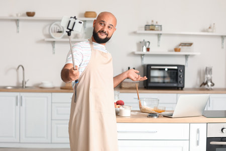 Handsome man recording video while cooking in kitchenの写真素材