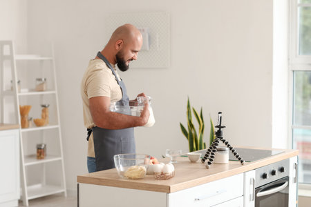Handsome man with jug of milk and bowl watching cooking video tutorial in kitchen