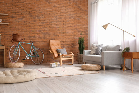 Comfortable living room interior with modern bicycleの写真素材