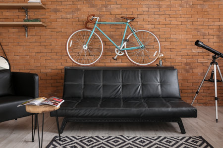 Comfortable living room interior with modern bicycleの写真素材