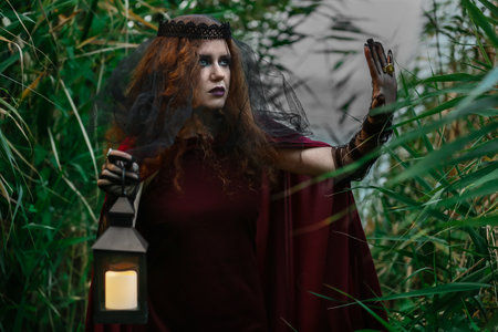 Young witch with lantern in green forestの写真素材