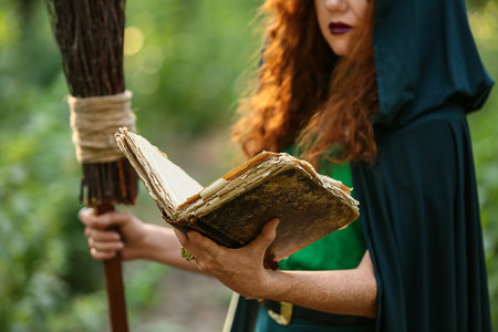 Young witch with spell book in green forestの写真素材