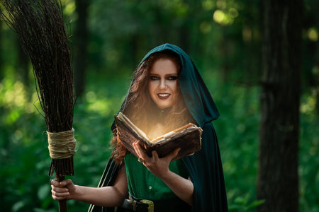 Young witch with spell book in green forestの写真素材