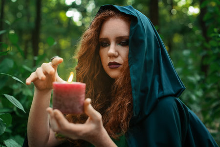 Young witch with candle in green forestの写真素材