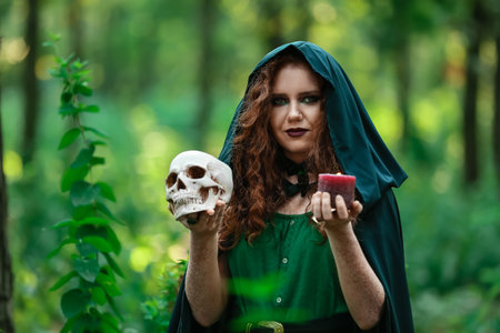 Young witch with skull and candle in green forestの写真素材