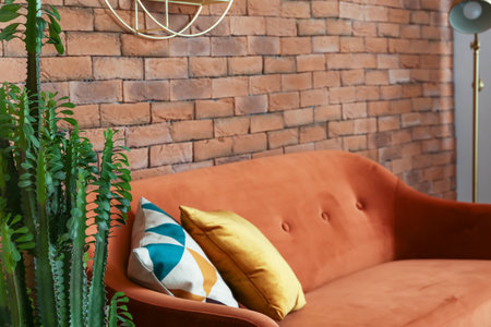 Stylish sofa with green succulent in interior of roomの写真素材